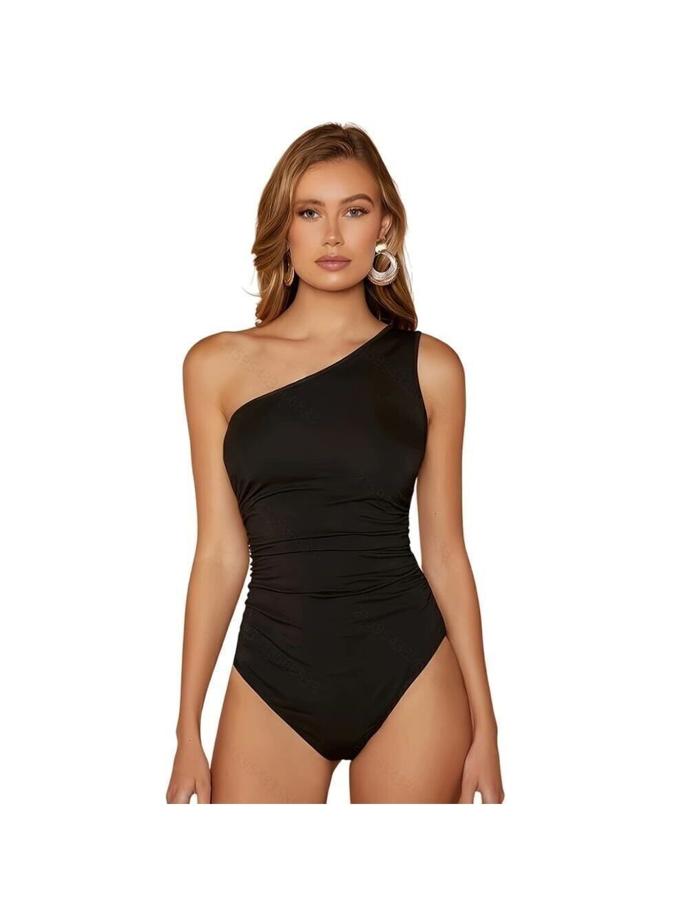 Women's Black One Shoulder Bodysuit Ruched Sleeveless Fitted Going Out Top